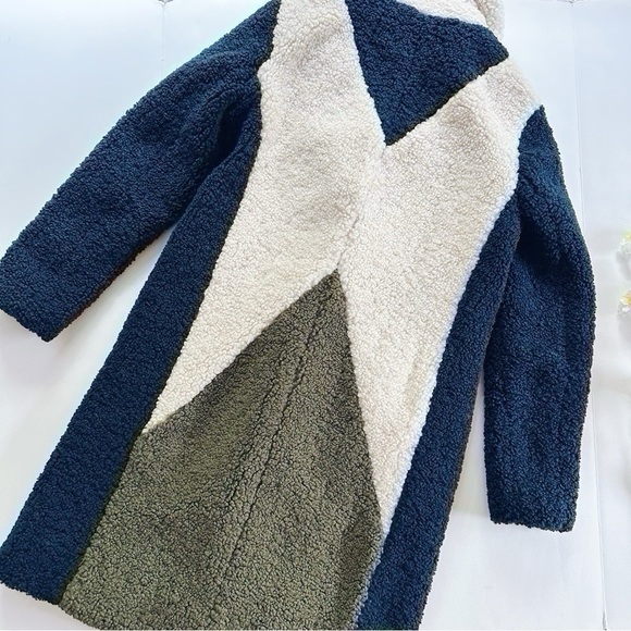 J.Crew Women’s Teddy Sherpa Colorblock Thick Coat Green Ivory Navy Blue - Picture 9 of 13